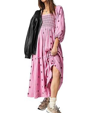 Women Floral Embroidered Maxi Dress Long Puff Sleeve Square Neck Bohemian Flowy Dress with Pocket... | Amazon (US)