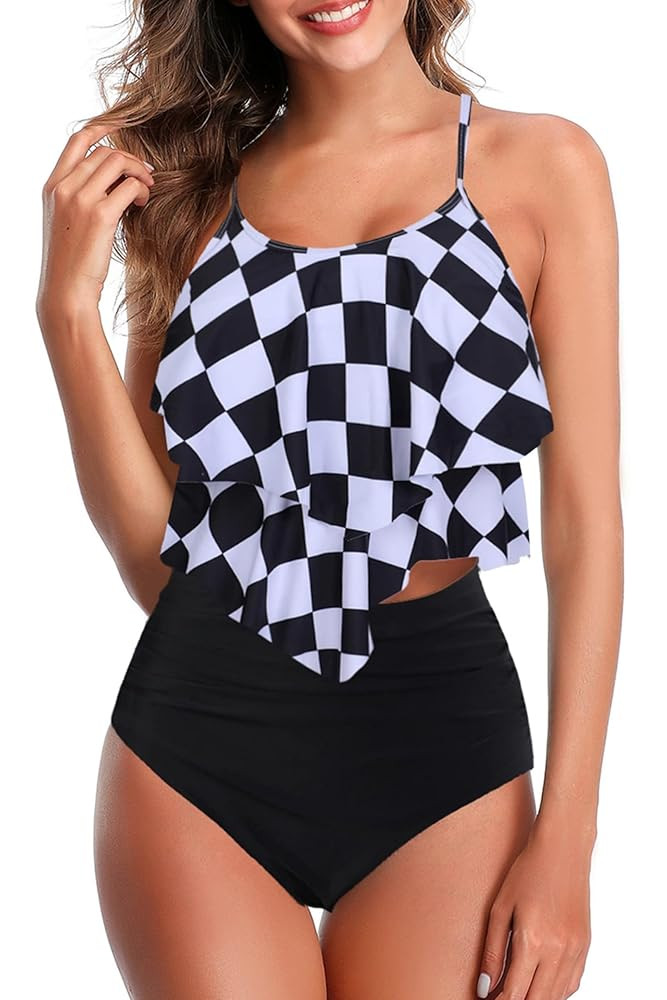 Womens Tankini Swimsuits Ruffled Tank Top Tummy Control Floral Modest Swimwear High Waisted Bikin... | Amazon (US)