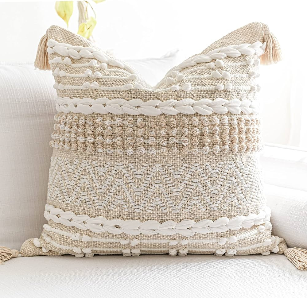 Boho Throw Pillow Cover 20X20, Decorative Accent Pillow for Couch, Square Woven Textured Pillowca... | Amazon (US)