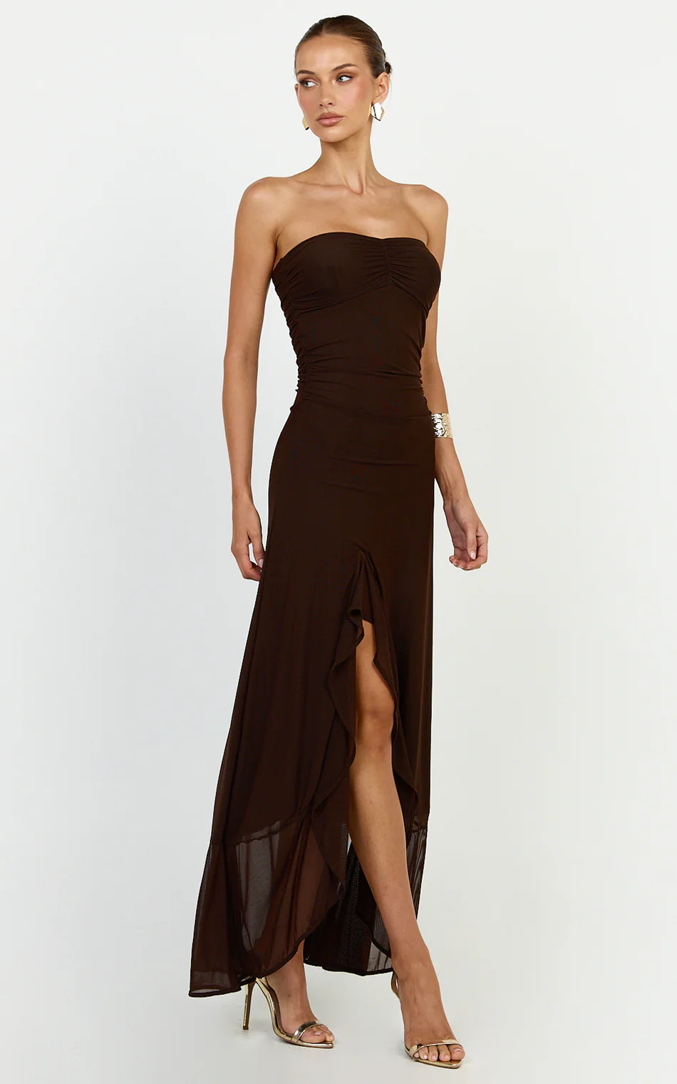 Strapless Sweetheart Neckline Mesh Dress in Chocolate | Showpo (US, UK & Europe)
