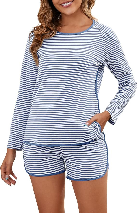 Cotton Pajama Sets for Women Soft 2 Piece Stripe Lounge Set Long Sleeve Shorts Pjs Loungewear Sle... | Amazon (US)