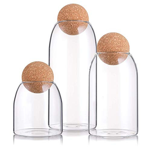 Suwimut 3 Pack Glass Storage Jar with Ball Cork Lid, Clear Glass Canisters with Cork Ball, Cute Decorative Round Glass Bottles with Airtight Wooden Lid for Spice, Sugar, Salt, Tea, Nuts, Coffee Beans | Amazon (US)