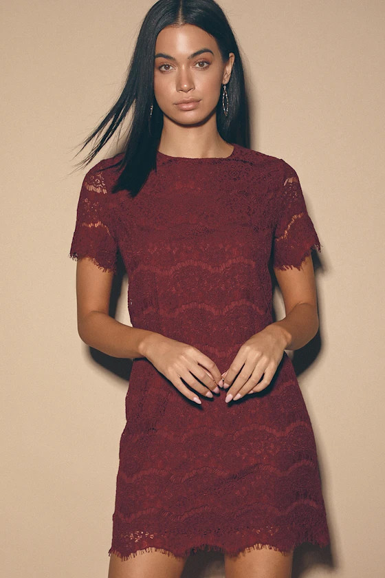 Take Me to Brunch Burgundy Lace Shift Dress | Lulus