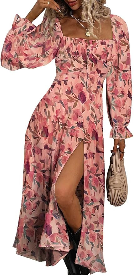 BLENCOT Women's Floral Print Puff Long Sleeve Maxi Dress Sexy Square Neck Tie Front Ruffle Hem Sp... | Amazon (US)