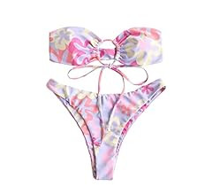 MakeMeChic Women's 2 Pieces Bandeau Swimsuits Tie Front High Cut Bikini Bathing Suit | Amazon (US)