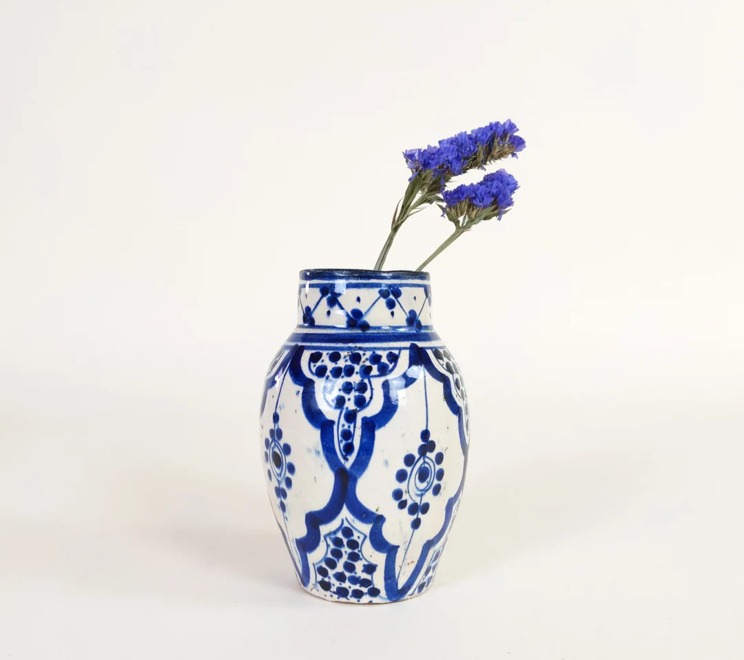 Vintage Moroccan Redware Vase With Handpainted Decoration - Etsy | Etsy (US)