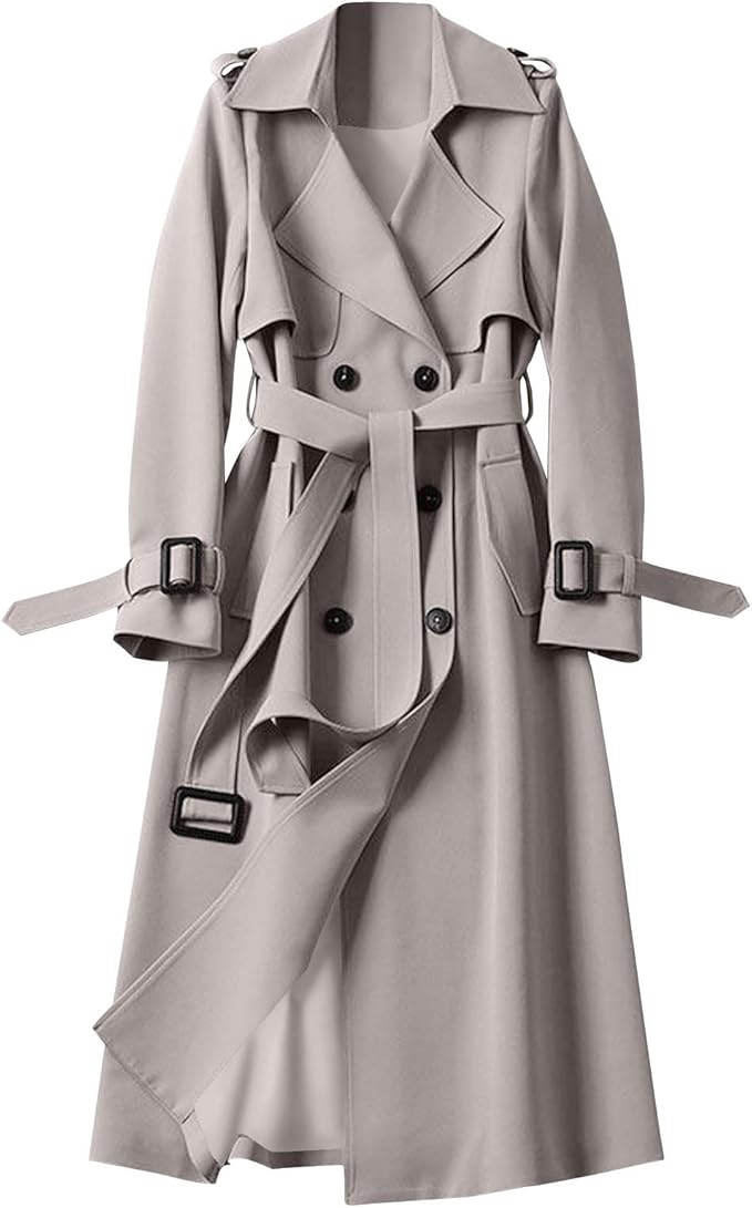 Trench Coat Women Long Double Breasted Jackets Classic Elegant Windproof Lapel Overcoat with Belt... | Amazon (US)