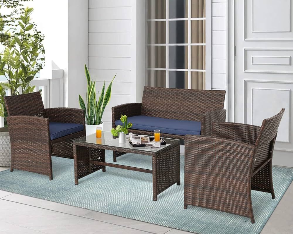 BPTD 4-Pieces Outdoor Furniture Set All Weather PE Wicker Rattan Chairs Set Conversation Set with... | Amazon (US)