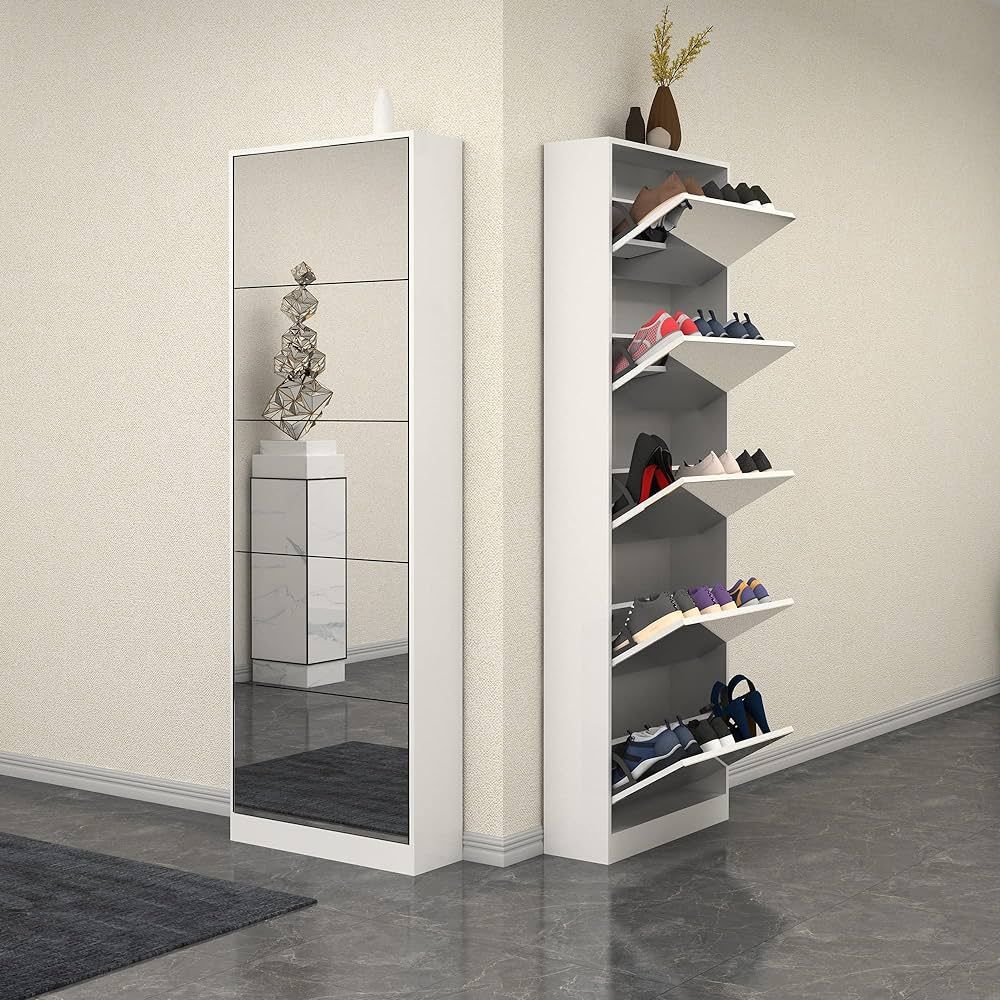 Organizedlife Mirror Shoe Cabinet, Wooden Shoe Organizer with 5 Tier, Full Length Mirror Shoe Rac... | Amazon (US)