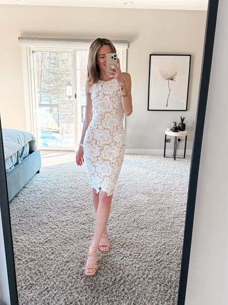 Gorgeous white lace midi dress is perfect for bridal showers and summer events 