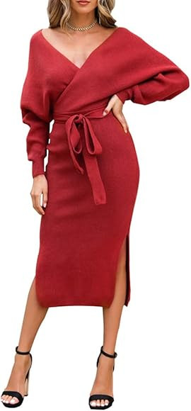 Flybony Womens V-Neck Sweater Dress Long Sleeve Wrap Slit Maxi Dress with Belt | Amazon (US)