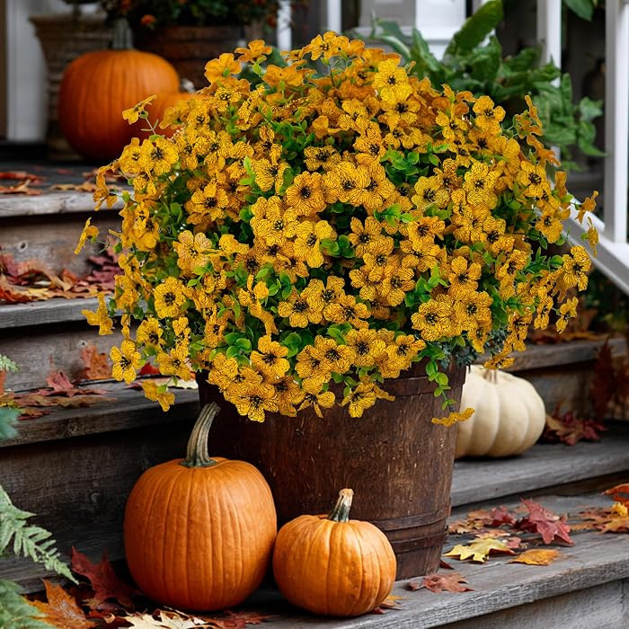 AXYLEX Artificial Fall Flowers for Outdoors, Fake Mums (Yellow) | Amazon (US)