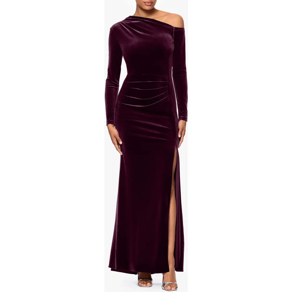 Betsy & Adam One-Shoulder Long Sleeve Velvet Gown in Maroon at Nordstrom, Size 4 | Nordstrom