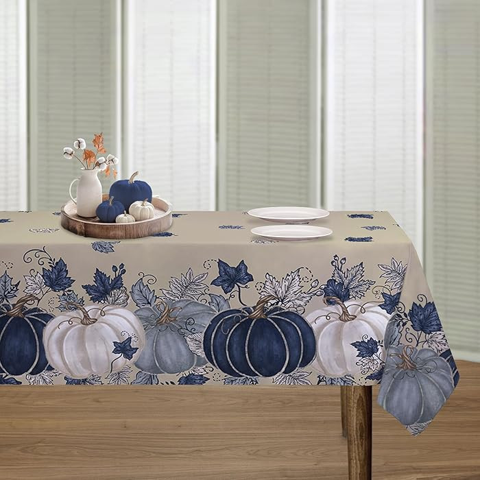 Fall Blue Pumpkin Tablecloth 60x48 Inch Rectangular，Leaves Thanksgiving Autumn Harvest Stain Re... | Amazon (US)