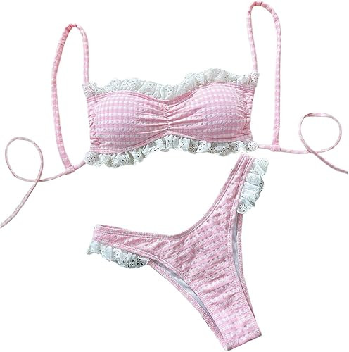 GORGLITTER Women's Gingham Bikini Lace Trim High Cut Swimsuit Two Piece Bathing Suit Cute Swimwea... | Amazon (US)