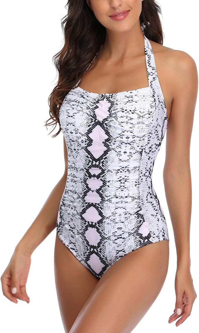 Smismivo Tummy Control Swimwear Black Halter One Piece Swimsuit Ruched Padded Bathing Suits for W... | Amazon (US)