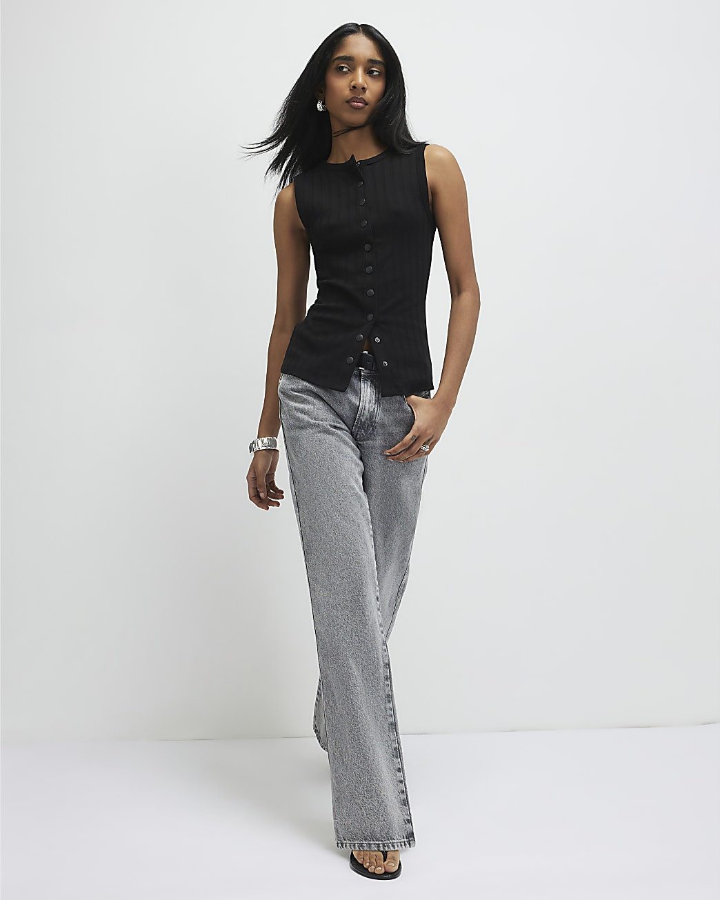 Black Cotton Blend Popper Tank Top | River Island UK & IE