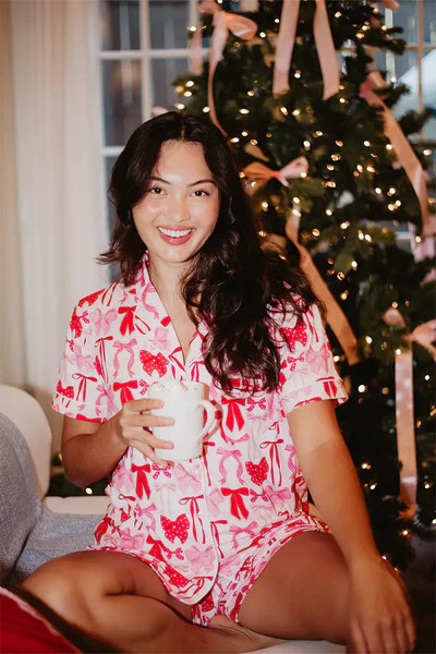Pink & Red Coquette Bows PJ Shorts Set For Women | Katydid