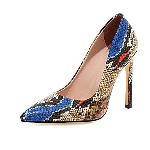 Hello Shero Snakeskin High Heel Pumps for Women Pointed Toe Stilettos Animal Print Pattern Dress Shoes Office Party Event Wedding, Blue Beige, Size 5 | Amazon (US)
