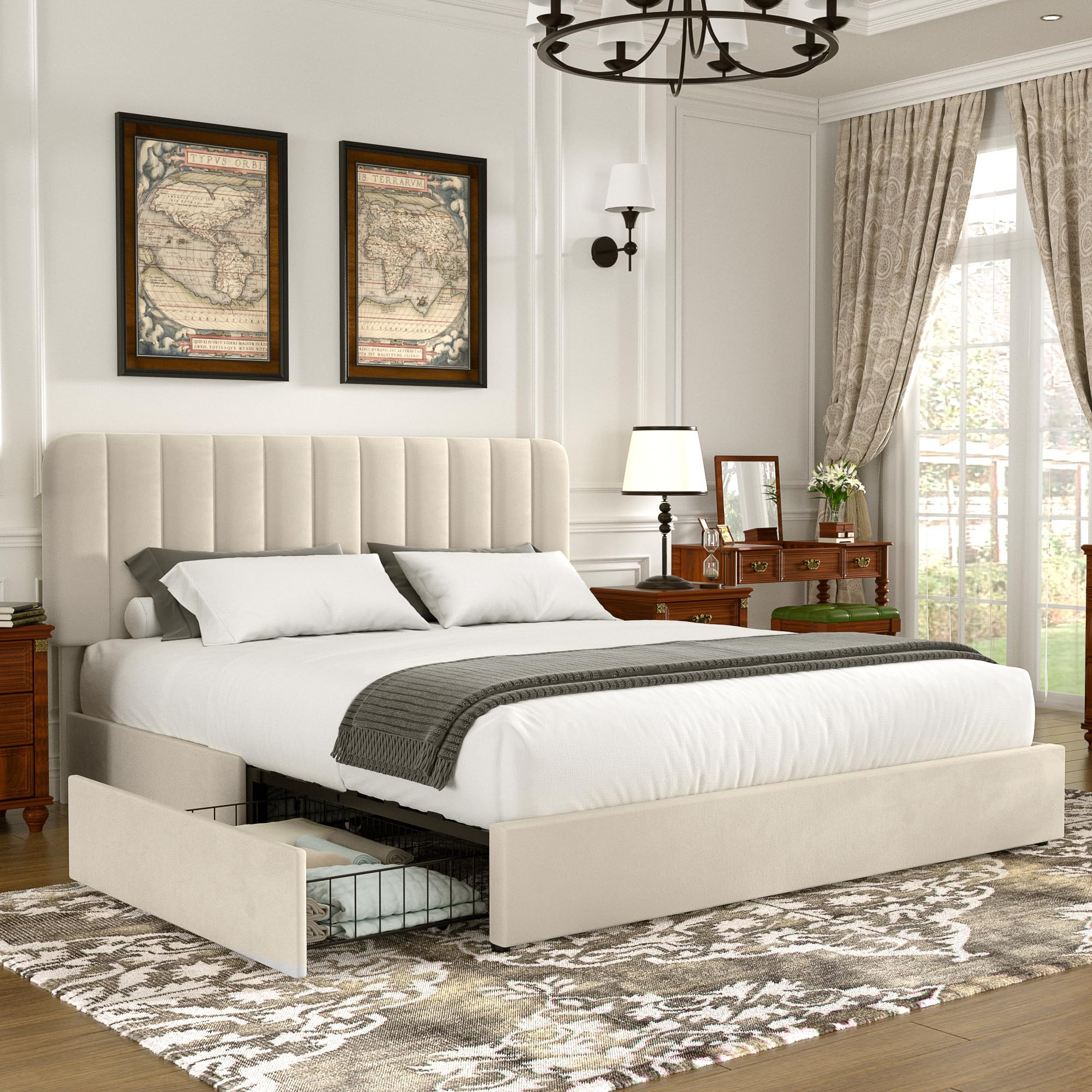 VECELO Full Size Upholstered Bed Frame with 4 Drawers and Headboard, Velvet Platform Storage Bedf... | Amazon (US)