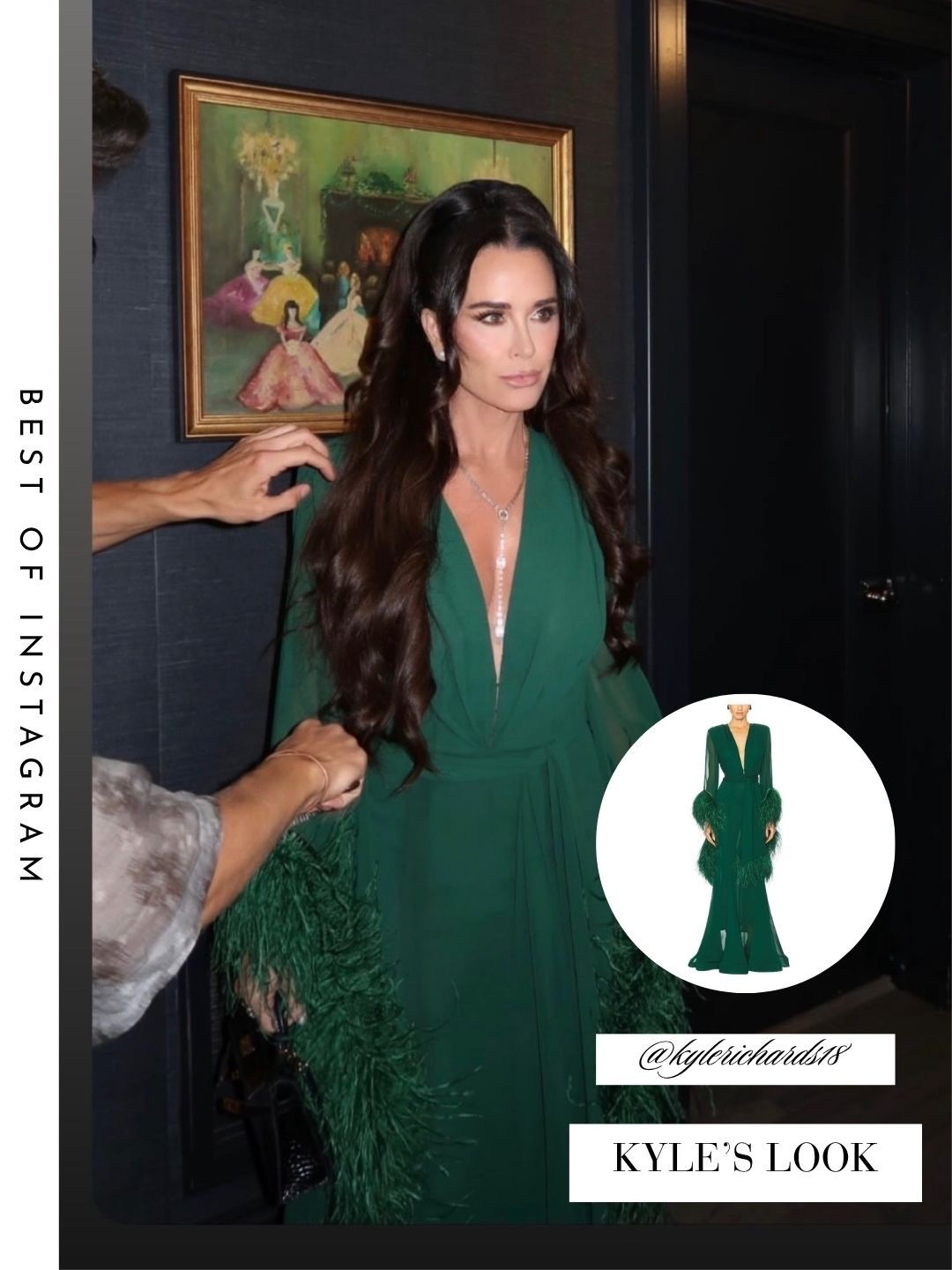 Kyle Richards’ Green Feather Trim Gown 📸 = @kylerichards18