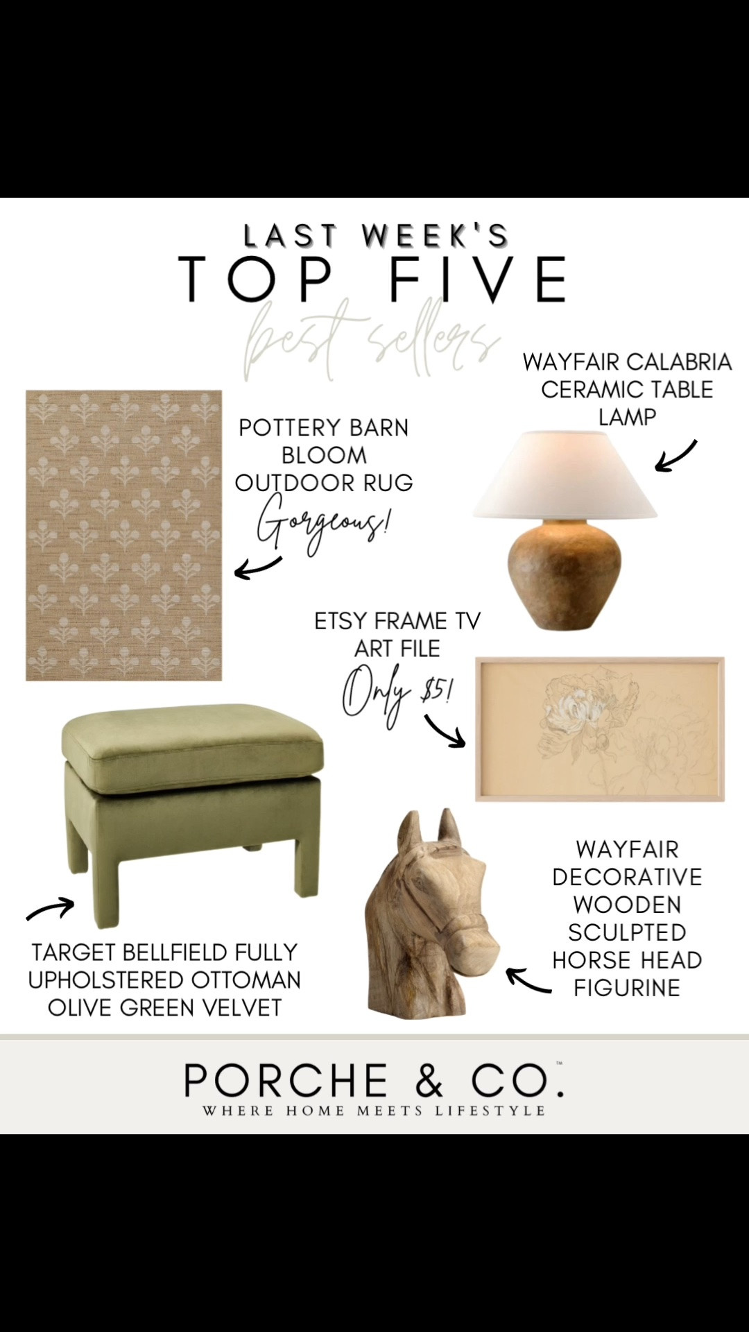 ✨ Last Week’s Top 5 Best Sellers ✨

Such a beautiful mix this week — soft florals, rich textures, warm wood tones, and timeless pieces that bring so much character to a space. 🤍

🌿 Pottery Barn Bloom Outdoor Rug – A gorgeous neutral rug with a subtle botanical pattern that adds texture and charm to any outdoor space.

💡 Wayfair Calabria Ceramic Table Lamp – A warm, earthy statement lamp with a timeless silhouette that works beautifully on a console, nightstand, or side table.

🖼️ Etsy Frame TV Art File (only $5!) – An easy and affordable way to turn your Frame TV into a beautiful piece of art with a soft, vintage-inspired look.

🫒 Target Bellfield Fully Upholstered Ottoman in Olive Green Velvet – A rich pop of color and cozy texture that works perfectly as a footrest or extra accent piece.

🐴 Wayfair Decorative Wooden Sculpted Horse Head Figurine – A charming sculptural accent that brings natural texture and a collected feel to shelves, consoles, or tabletops.

Tap to shop these best sellers before they’re gone ✨

#porcheandco #LTKhome #potterybarn #wayfairfinds #targetfinds #etsyfinds #neutraldecor #traditionaldecor #homedecor #homeinspo

#LTKHome #LTKvlog