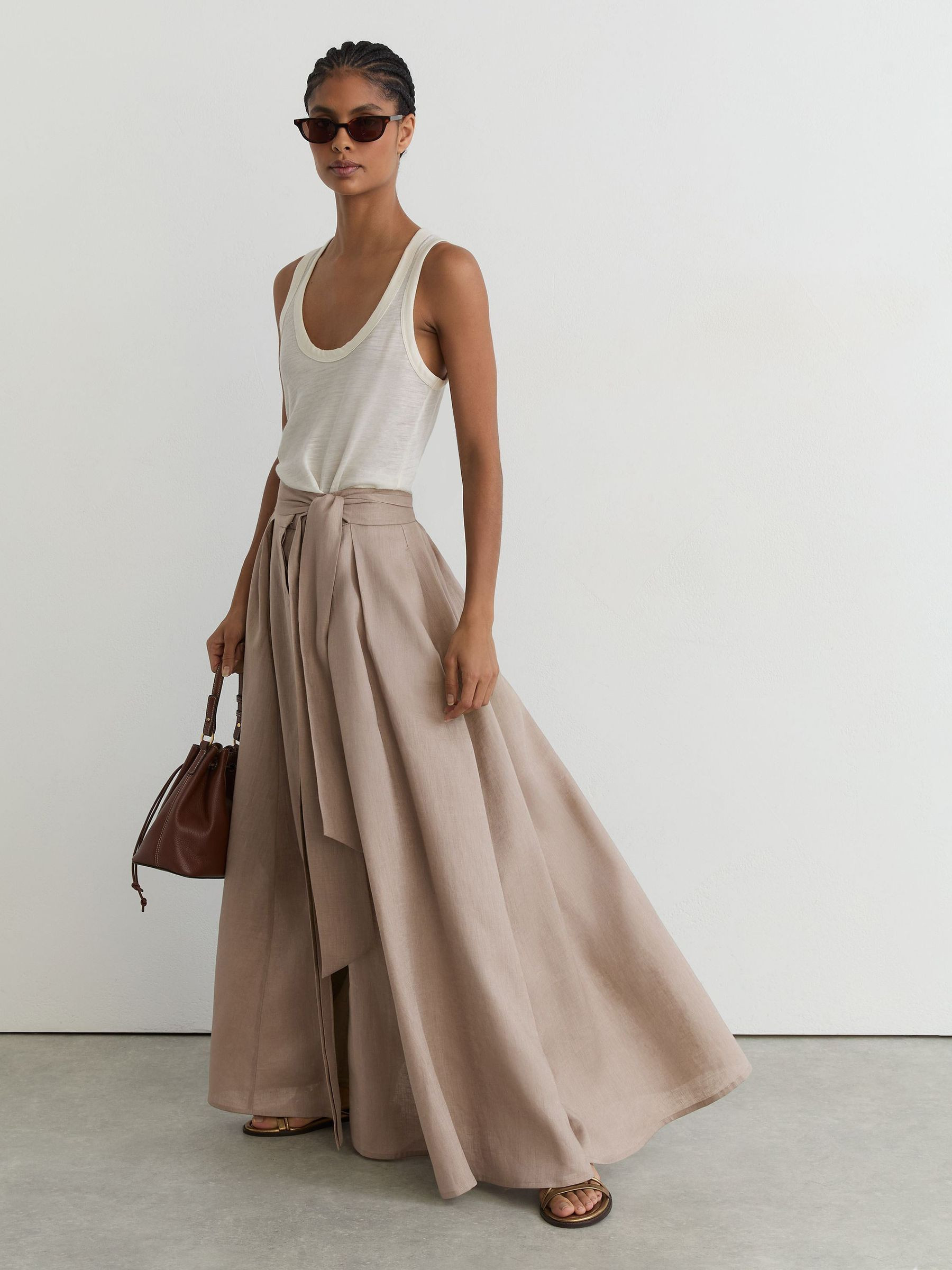 Reiss Linen Belted Pleated Maxi Skirt in Taupe Brown - REISS | Reiss UK