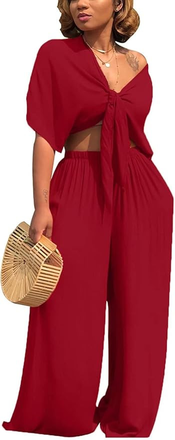 Aro Lora Women's 2 Piece Jumpsuit Ruched Sleeveless Crop Top Ruffle Wide Leg Pant Set Romper Outf... | Amazon (US)
