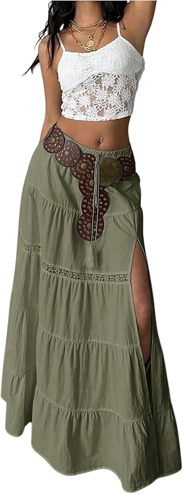 Verdusa Women's Long Maxi Skirts Boho Western Country Cncert Outfits Lace Skirt Split Layered Ruf... | Amazon (US)