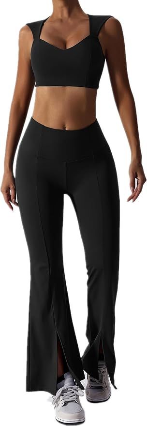 ABOCIW Workout Sets for Women 2 Piece High Waist Flared Leggings Slit Hem V Neck Sports Bra Gym Y... | Amazon (US)