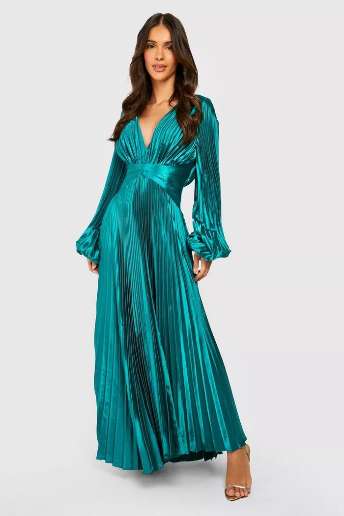 Pleated Satin Oversized Sleeve Midi Dress | boohoo (US & Canada)
