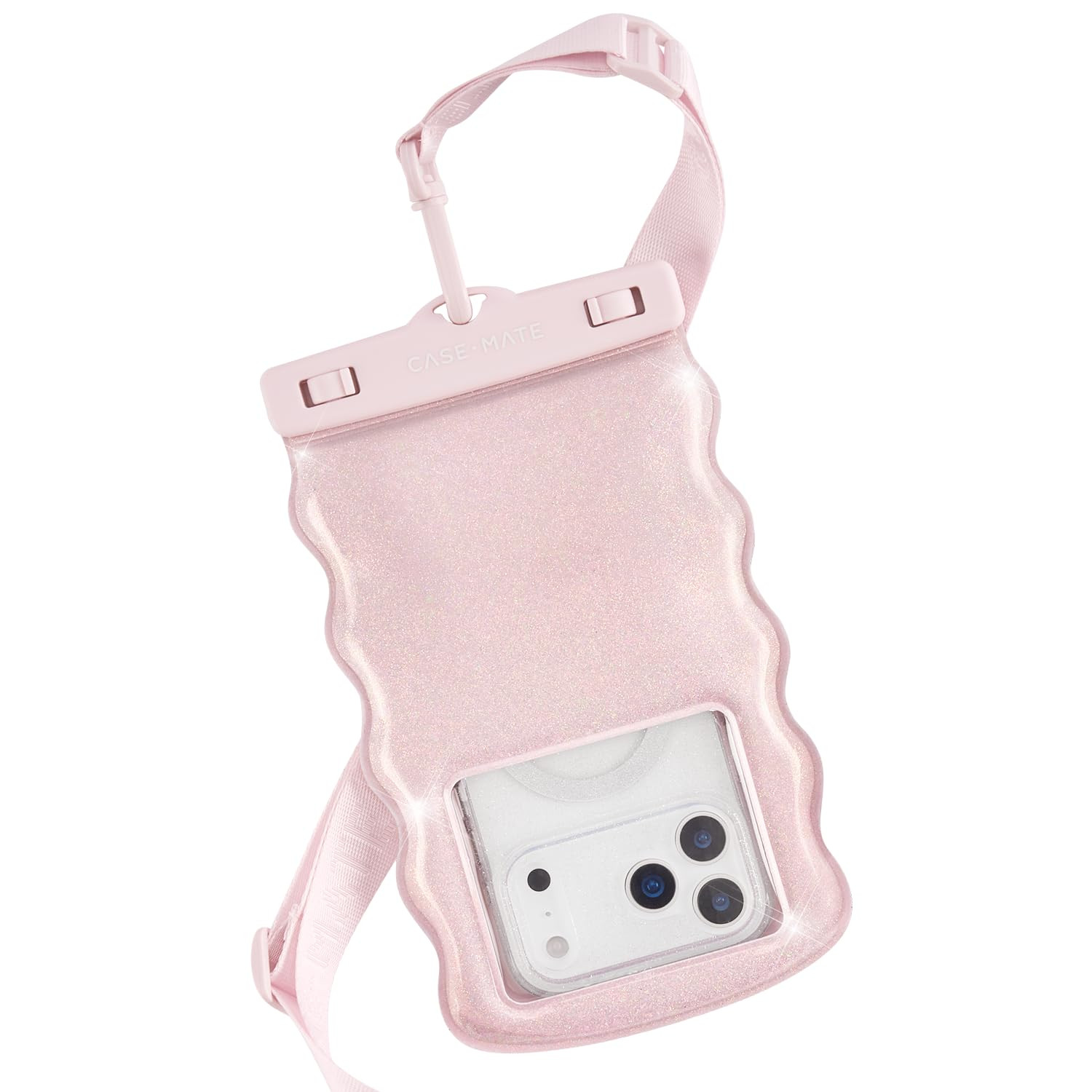 Case-Mate Wavy IP68 Waterproof Phone Pouch - Large Floating Phone Case w/Crossbody Lanyard - Cruise Ship Travel Essentials Compatible w/All Devices - Hidden Pocket for Card/Cash- Ballet Pink Twinkle | Amazon (US)