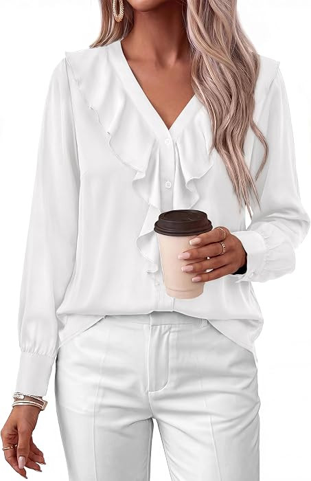 dowerme Womens Long Sleeve Tops Satin Ruffle Button Shirts | Amazon (US)