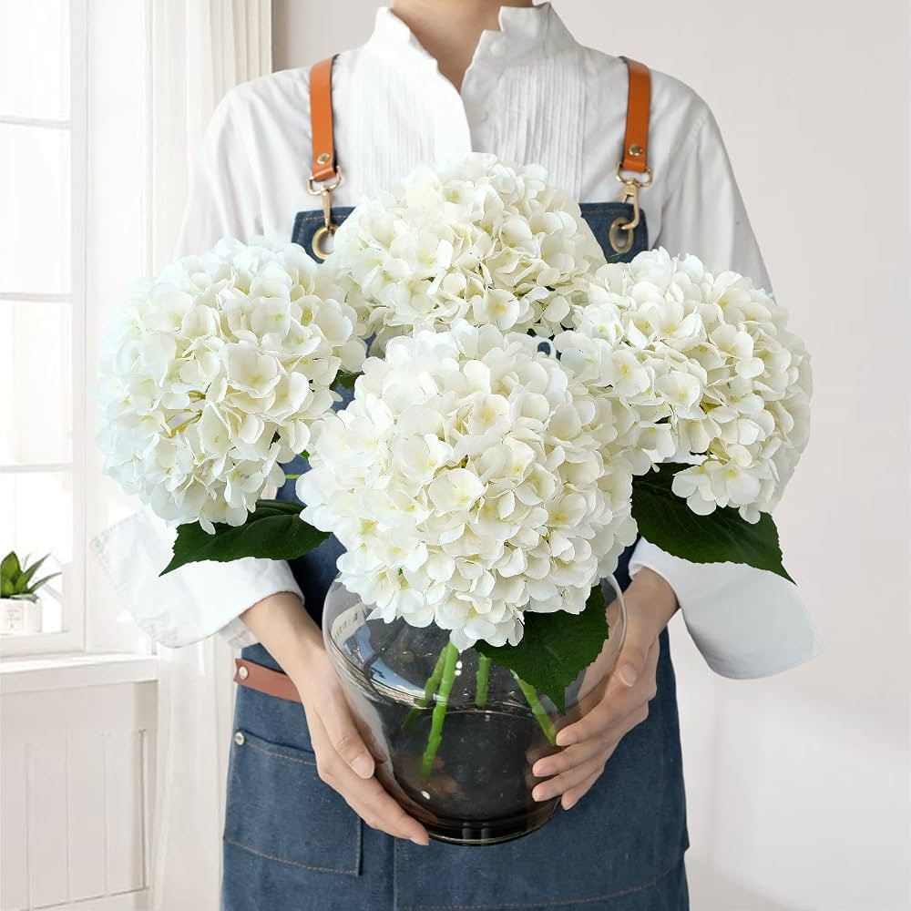 White Hydrangea Artificial Flowers, 4Pcs 22" Large Lifelike Faux Silk Flowers, Full Fake Artifici... | Amazon (US)