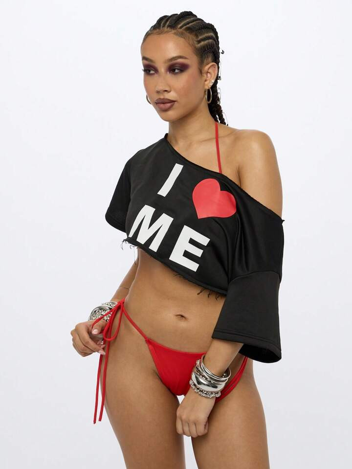 £7.17SUMWON WOMEN Off Shoulder Crop Top Heart I ME Valentine's Day Statement Tee Raw Edge Hem Da... | SHEIN