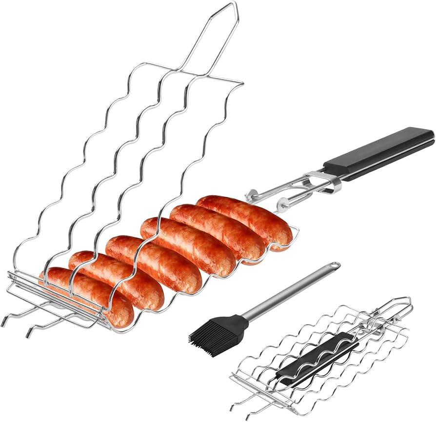 Hot Dog Holders for grilling with Brush - 6 hotdog bbq basket Stainless Steel Barbecue Mesh Clip... | Amazon (US)