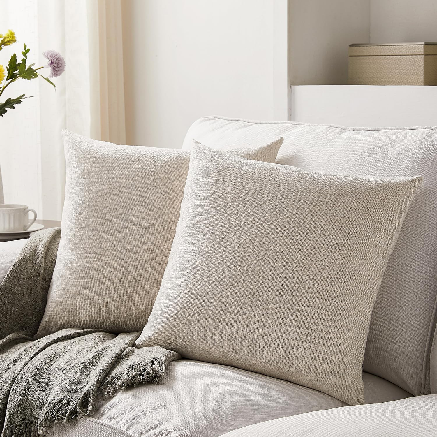 Meekio Set of 2 Ivory Pillow Covers 22 x 22 Inch Farmhouse Boho Decorative Throw Pillow Covers Li... | Amazon (US)