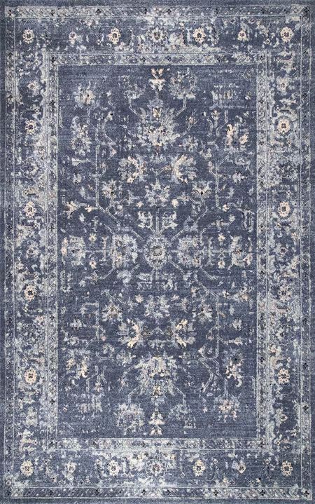 Blue Bordered Floral 9' x 12' Area Rug | Rugs USA