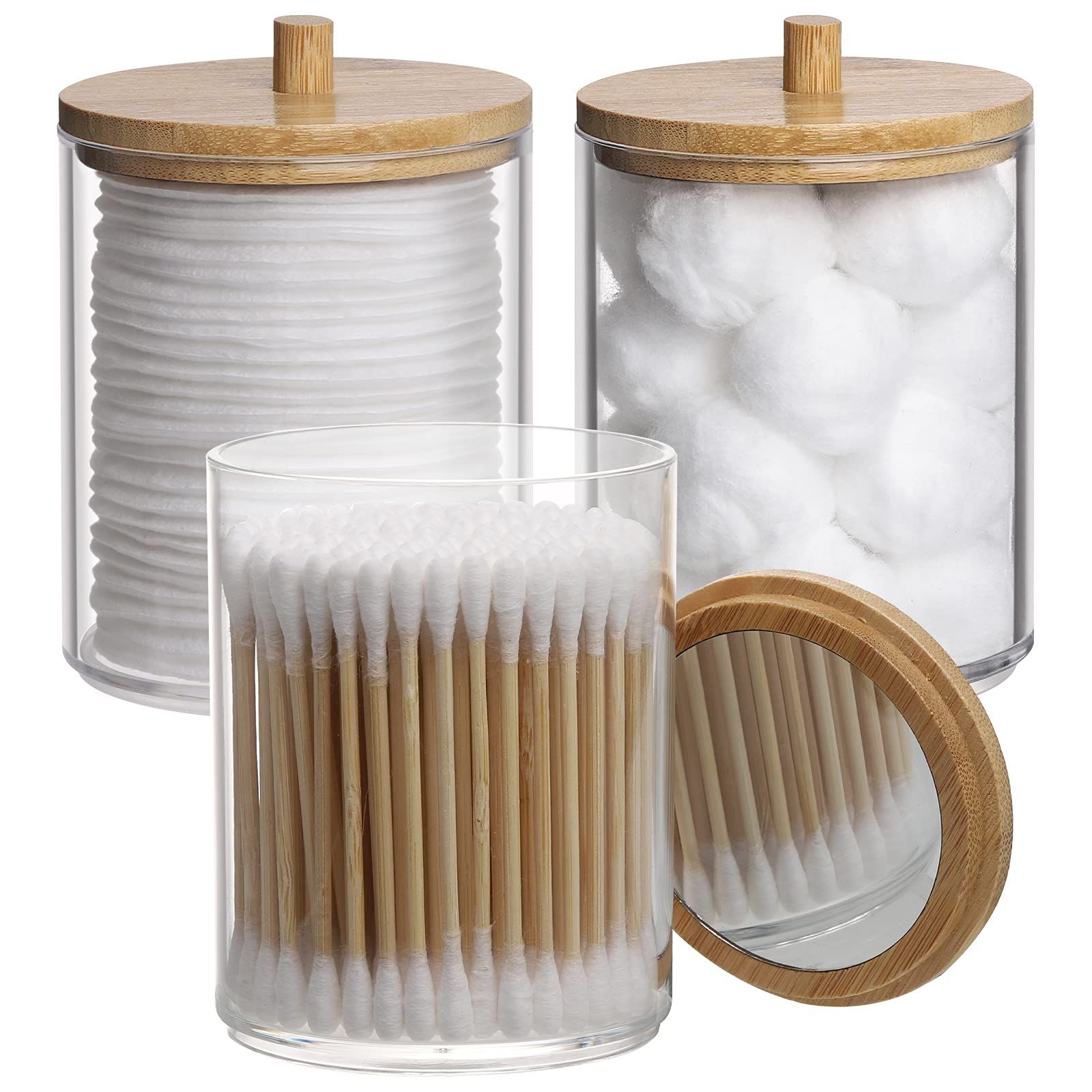 Tbestmax 10-Ounce Plastic Qtip Holder Apothecary Jars Bamboo Lids with Mirror, Cotton Ball Swab P... | Amazon (US)