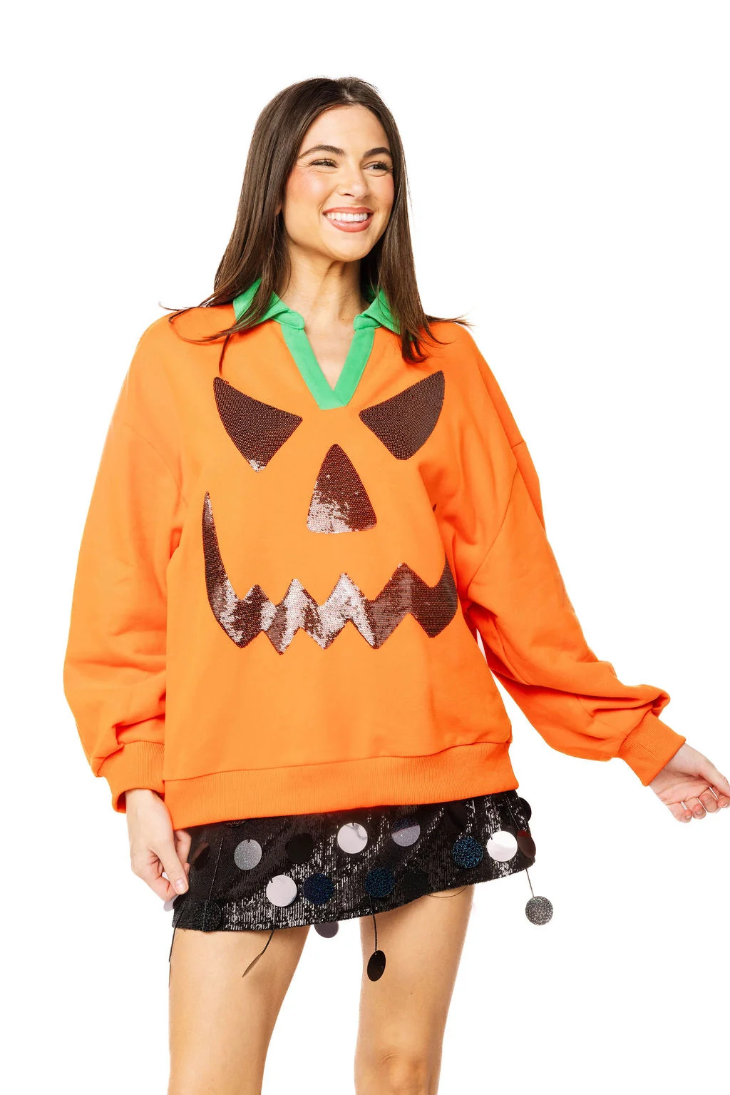 Orange Pumpkin Face Collar Sweatshirt | Queen of Sparkles