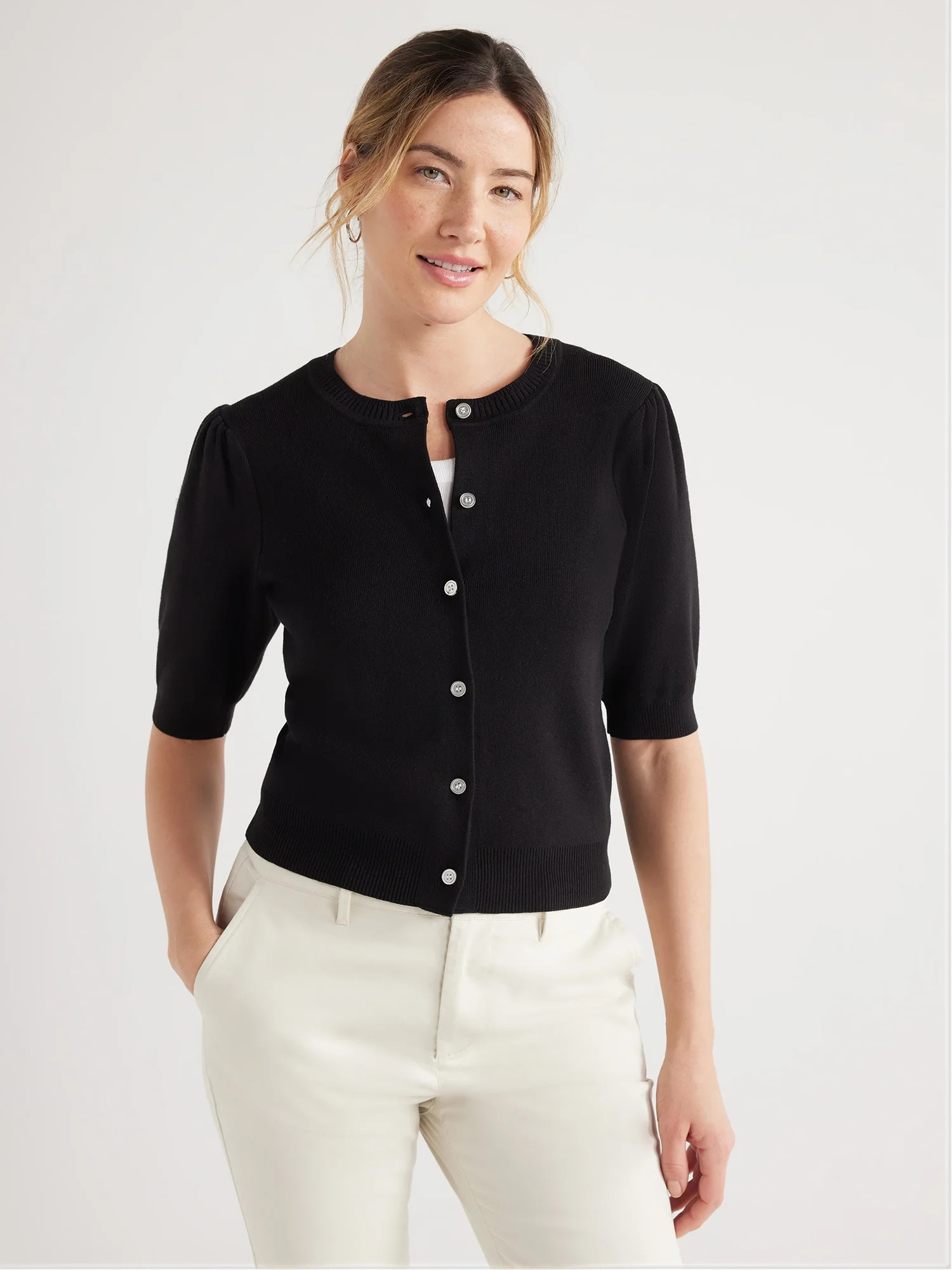 Free Assembly Women's Cardigan Sweater with Short Puff Sleeves, Midweight, Sizes XS-XXL | Walmart (US)