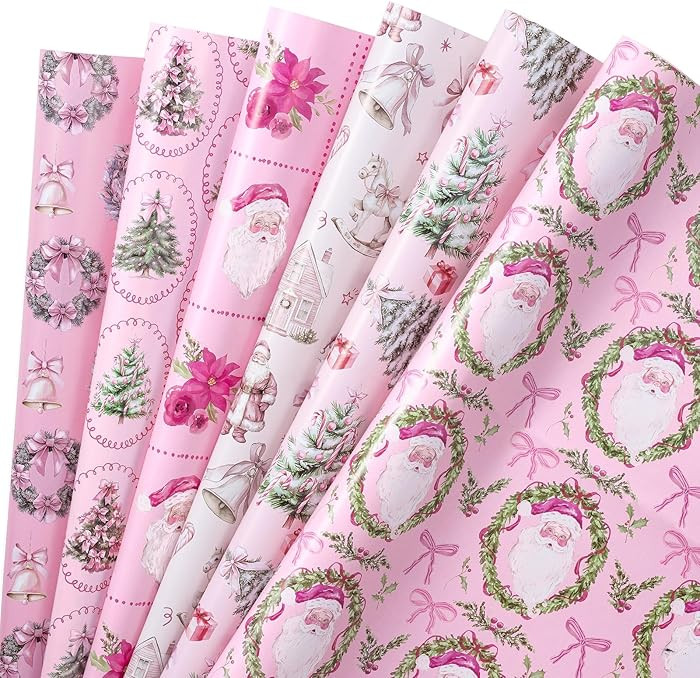 RUSPEPA Christmas Wrapping Paper Sheets for Girls, Pink Vintage Santa Claus, Christmas Tree, Bell... | Amazon (US)
