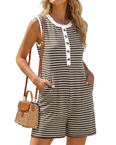 MOLERANI Oversized Womens Summer Sleeveless Short Rompers Casual Loose Tank Striped Button Down One Piece Short Jumpsuits Trendy Vacation With Pockets,Brown White,S | Amazon (US)