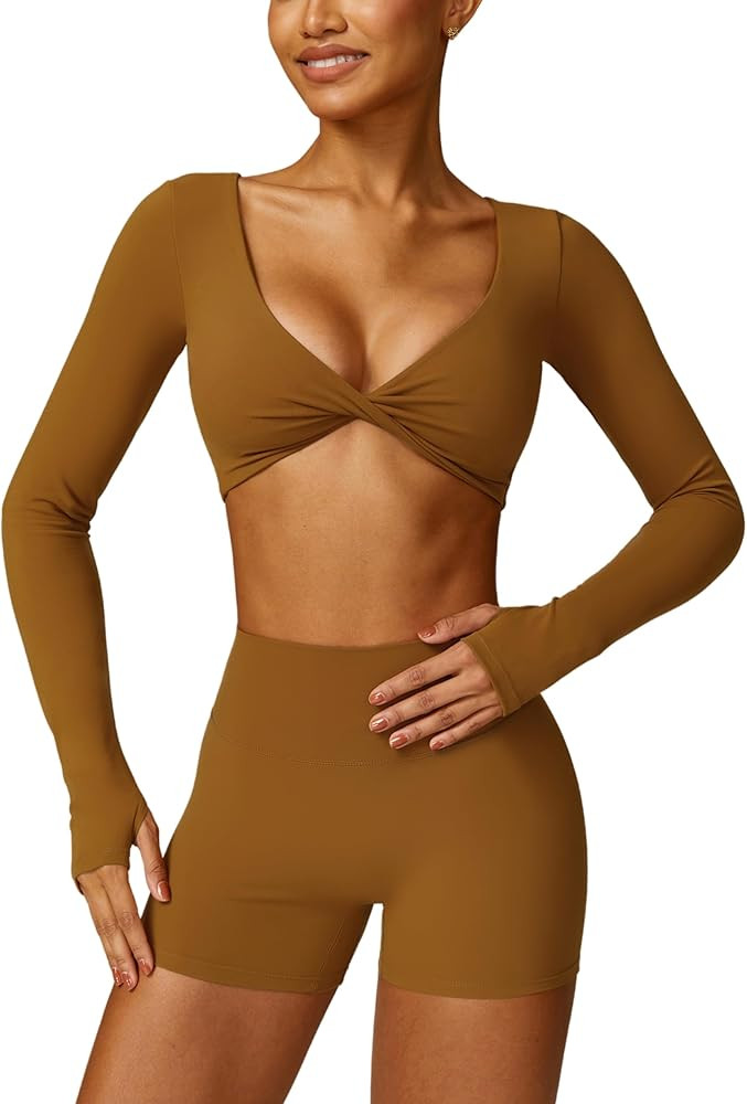 ABOCIW Workout Sets for Women 2 Piece Square Neck Long Sleeve Crop Tops High Waist Biker Shorts G... | Amazon (US)