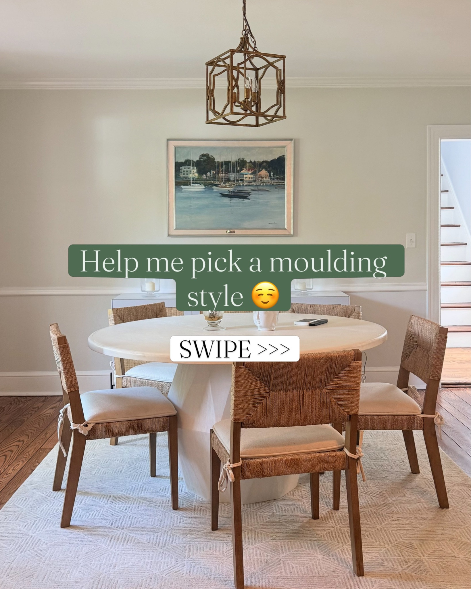Ok so before I embark on my dining room DIY moulding, I need to pick a design! Our house is a 1930s colonial/tudor revival - white clapboard/stone, lots of arched doorways. Kinda like a Father of the Bride style. Which do I pick???

Can’t do a poll cause it only lets me pick 4 choices, so let me know in the comments. Also how are we feeling about this wallpaper? I need help! lol

#moulding #diymoulding #grassclothwallpaper #grandmillennial #coastalhomedecor
