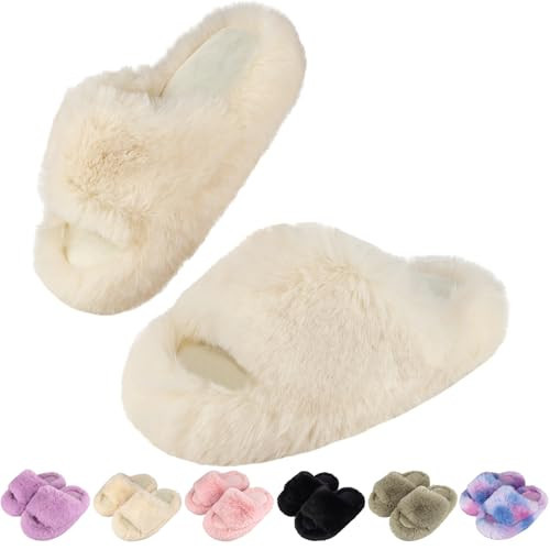 Girls Fuzzy Memory Foam Slippers Comfy丨Kids Fluffy Plush Open Toe House Slippers丨Slip On Furry Home Slides丨Indoor Outdoor Fur Flip Flop Beige 2 Little Kid | Amazon (US)