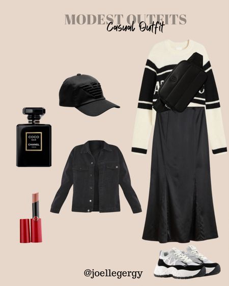 Casual outfit for everyday comfortable look. Long black skirt. Sweater. Oversized jacket. Basketball hat. Waist clutch  

#LTKstyletip #LTKHoliday #LTKCyberWeek