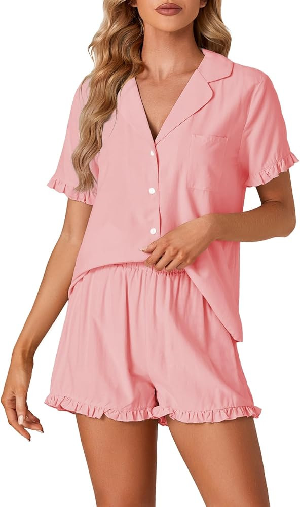 Vrtige Women's 2 Piece Pajamas Set Button Down Short Sleeve Top and Shorts PJs Set Sleepwear | Amazon (US)