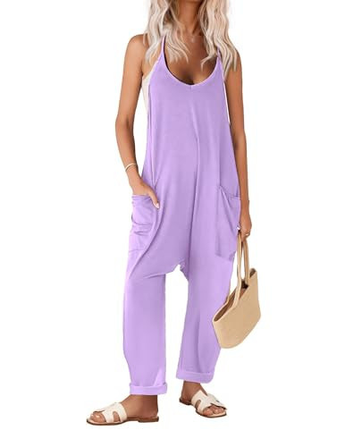 Ekouaer Women's Causal Jumpsuits V Neck Sleeveless Harem Overalls Stretchy Baggy Harem Jumpers with Pockets Purple L | Amazon (US)