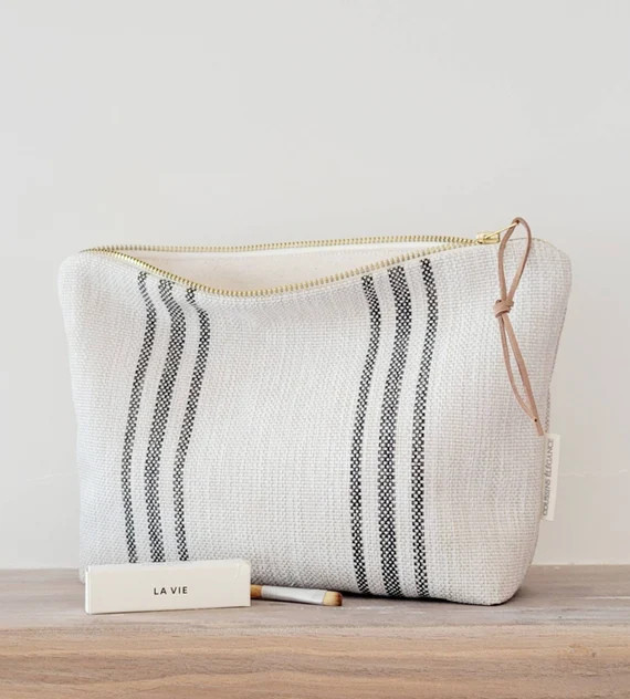 Beige Makeup Bag With Black Stripes. Minimalist Cosmetic Bag. | Etsy | Etsy (US)